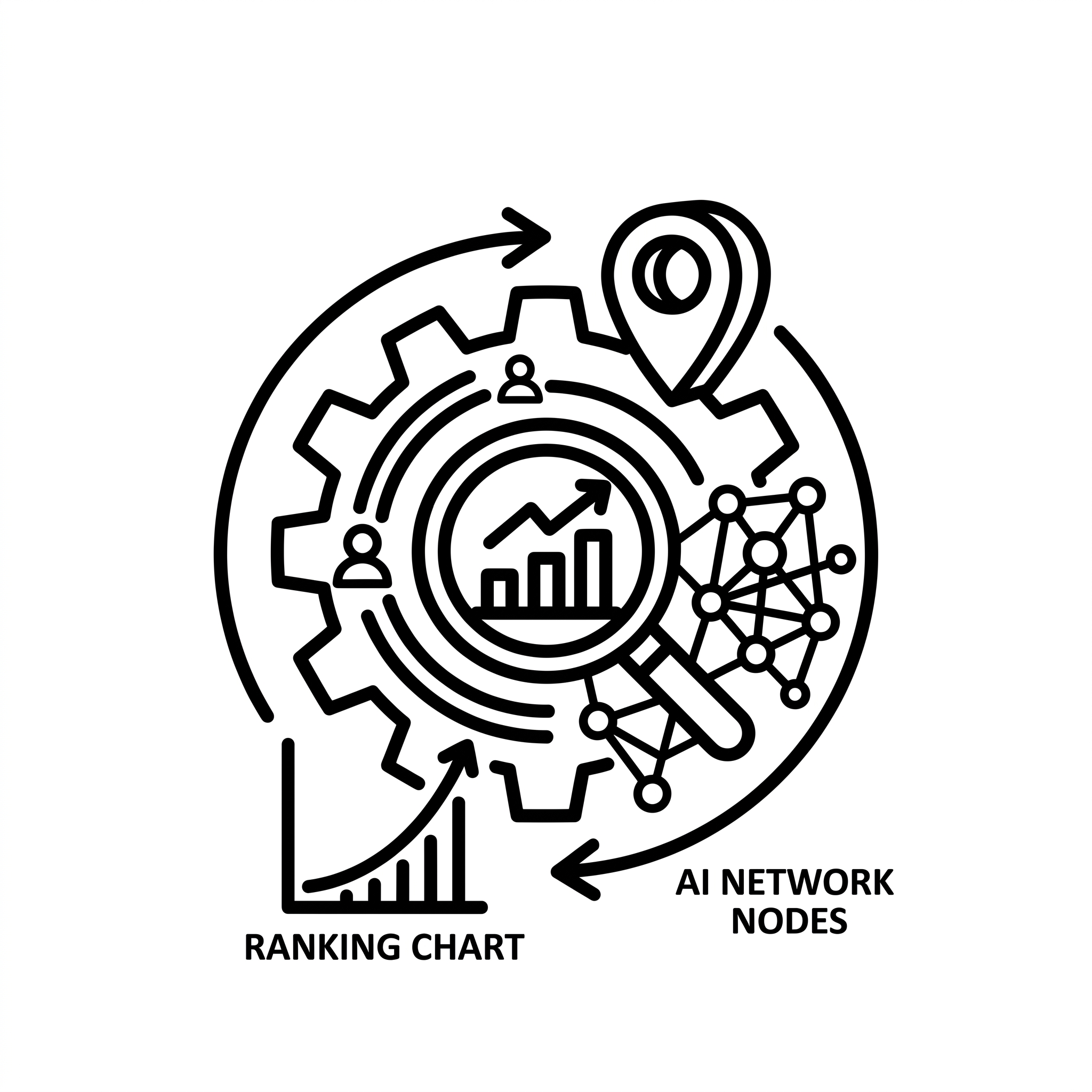 SEO & GEO Optimierung – Lupe mit Ranking-Chart, KI-Netzwerk und Location-Pin